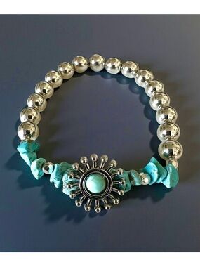 🔴 5 for $10 ONE Silver and Turquoise Color Stretchy Beaded Bracelet